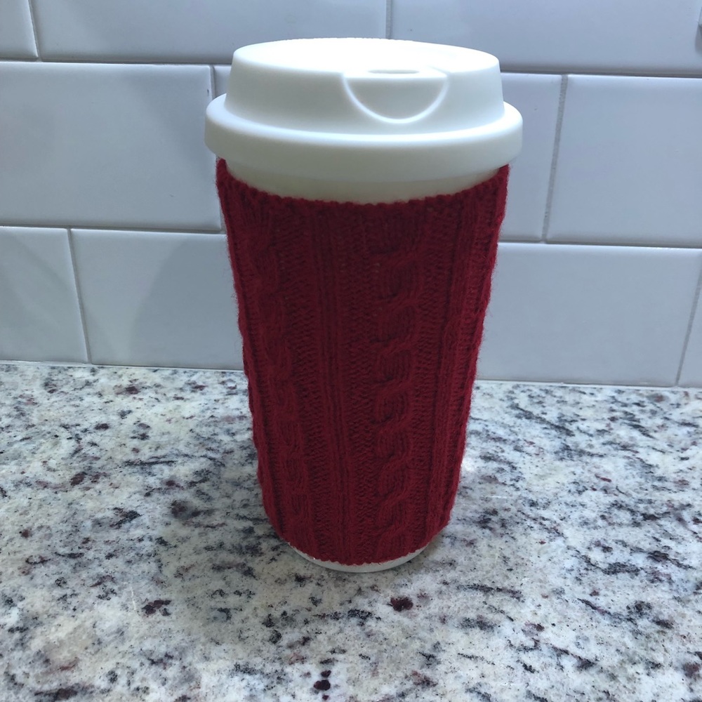 travel coffee / tea mug with red sweater cuddler / cozy / coozie